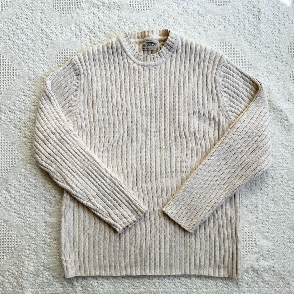 Vintage St Johns Bay Sweater Womens Medium Ivory Knit Crewneck Cotton Fisherman